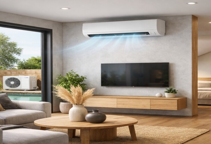 Climatisation murale dans un salon moderne avec unité intérieure diffusant de l’air frais, reliée à une unité extérieure près d’une piscine, idéale pour rafraîchir une maison individuelle avec un système de climatisation réversible performant.