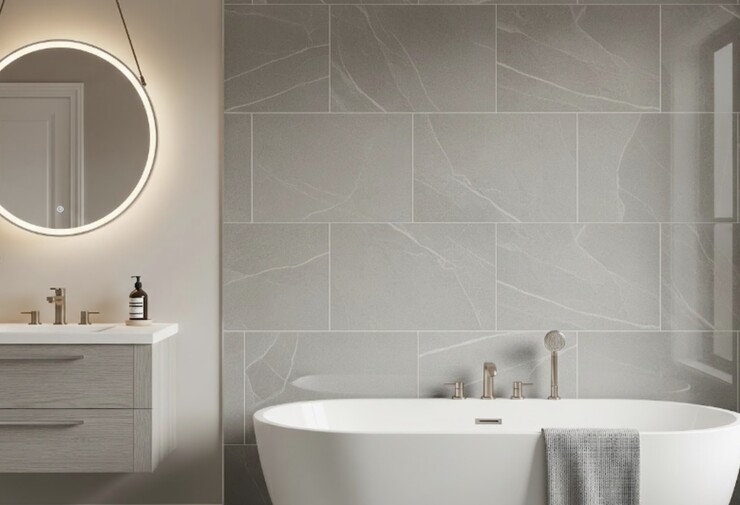 Salle de bains contemporaine avec carrelage mural gris effet pierre, baignoire îlot blanche, meuble vasque suspendu et miroir rond lumineux.